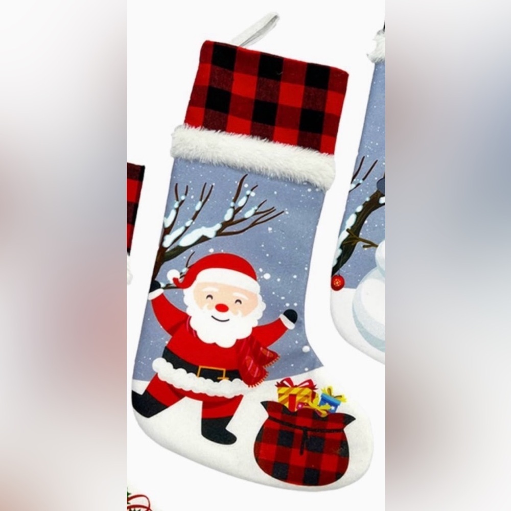 Set of 4 Santa Claus Stockings Plaid, Woven, Faux Fur Christmas Holidays Cabin